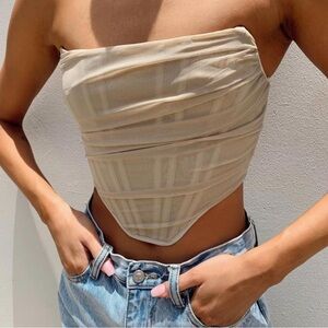 PRINCESS POLLY - AVERY BEIGE TAN BUSTIER RUCHED RIBBED CORSET TOP